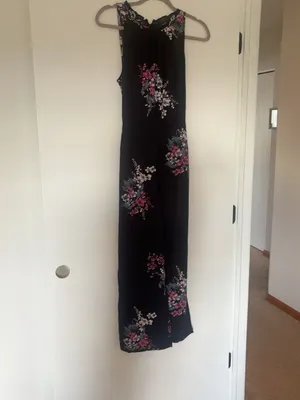 LOFT Black Floral Wide Leg Belted Jumpsuit XS thumbnail 2