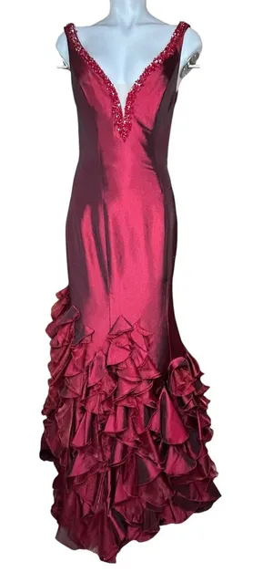 Tiffany Designs Burgundy Beaded Ruffle Mermaid Formal Gown Size 10 thumbnail 1