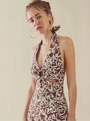 Free People Kira Abstract Cut-Out Brown & White Jumpsuit thumbnail 3