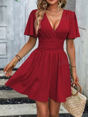 SheIn Clasi Plunging Neck Butterfly Sleeve Ruched Waist Dress thumbnail 6