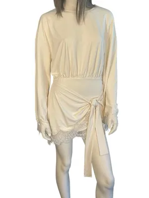 AiiRZ Long Sleeve Jersey Mini Dress With Lace Trim Cream Large NWT thumbnail 7