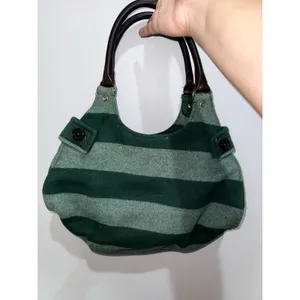 Kate Spade Wool Satchel Top Leather Handle Bag Medium‎ Green Striped 18x14" F thumbnail 4