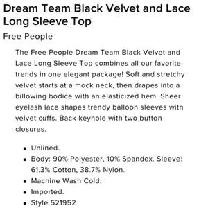 Free People Dream Team Black Velvet Lace Blouse Sz S thumbnail 15