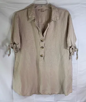 Philosophy Shirt Women's Size L‎ 55% Linen Beige Short Sleeves with ties Boho thumbnail 1