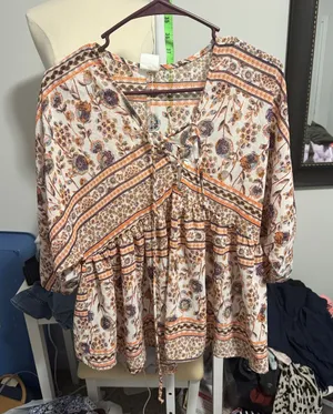 By Together Lace-Up Boho Tunic in Cream, Brown and Orange thumbnail 1