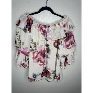 White House Black Market Blouse Womens Medium White Floral Ruffle Off Shoulder thumbnail 5