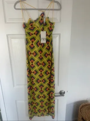 Zara Yellow Green Pink Geometric Slip Maxi Dress thumbnail 4