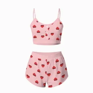 NEW!! STRAWBERRY Print Red Pink Cropped Loungewear Two Piece Set X-Large thumbnail 11