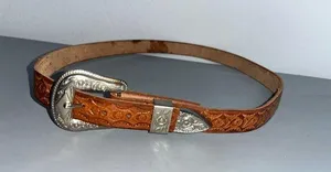 Vintage early 1990s Western Tooled Leather Belt Silver Buckle ClassicBohoCowboy thumbnail 1