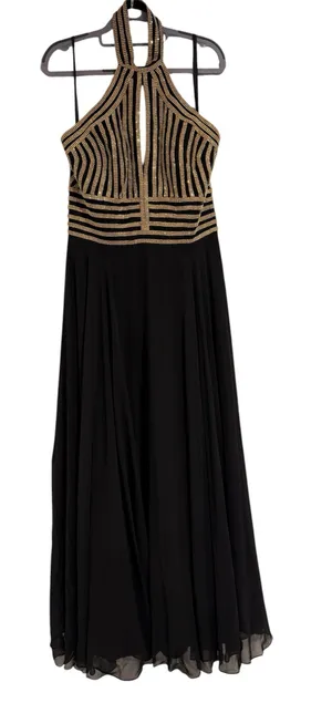 JVN by Jovani Prom Black and Gold Halter Maxi Formal Event Dress Women's US 14 thumbnail 1