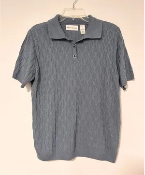 Vintage Alfred Dunner Womens Blue Diamond Knit Short‎ Sleeve Polo Sweater Top M thumbnail 1