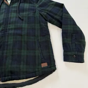 LL Bean Scotch Plaid Flannel Shirt Sherpa Lined Zip Hoodie Jacket Blue Green S thumbnail 7