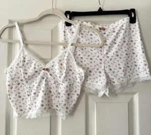 Pink Floral Lace Trim Rosette Tank & Short Set thumbnail 1