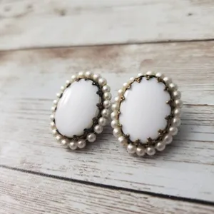 Vintage Clip On Earrings - White Oval with Faux Pearl Halo thumbnail 2