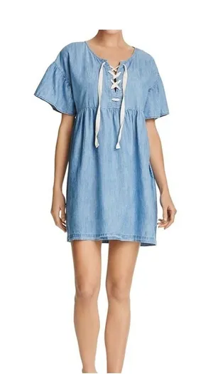 Joie Womens Lace Up Chambray Dress, Denim Jean Blue Cotton blend Sz M thumbnail 1