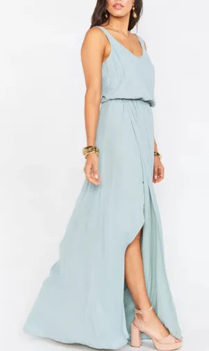 Show Me Your Mumu SMYMM Sz‎ L Kendall Maxi Dress Silver Sage Crisp Slit Flowy thumbnail 1