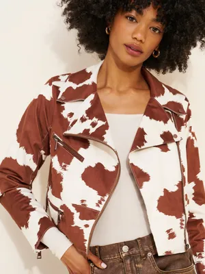 Hutch Brown & White Cow Print Vegan Suede Leather Moto Jacket Size XS thumbnail 1