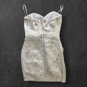 Vintage Y2K Women's Taboo Strapless Cream Gold Jacquard Formal Mini Dress sz S thumbnail 2