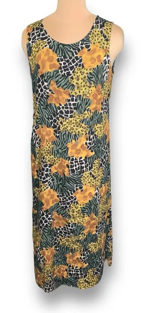 Requirements Vintage 90s Sleeveless Mixed Animal Print Maxi‎ Dress Green Yellow Brown Large thumbnail 1