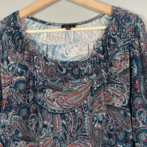 TALBOTS Teal‎ Paisley Stretch Shirred Blouson Midi Dress Size L Large Classic thumbnail 3
