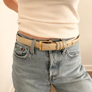Vintage Beige Leather Belt with Gold Buckle thumbnail 1