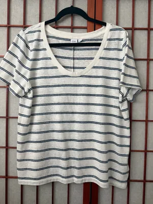 Gap linen blend navy and white stripe top size large thumbnail 1
