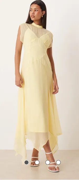 ASOS Pale Yellow Handkerchief-Hem Midi Dress thumbnail 1