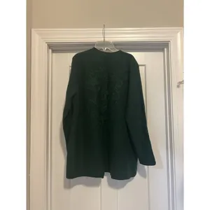 Women's Open Knit Long Cardigan Sweater Embroidered Size Medium Dark Green Wool thumbnail 6