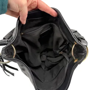 Black Leather Hobo Shoulder Bag Gold Hardware Tassel Detail Slouchy Purse Moto‎ thumbnail 3