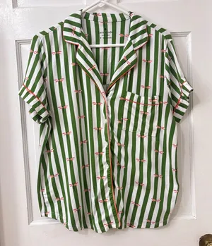 Kate Spade Pajama Top M Green White Striped Dragonfly Cottagecore Short Sleeve thumbnail 1