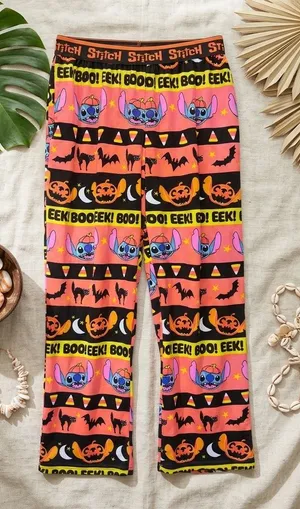DISNEY STITCH Women’s Halloween Pajama Pants Orange Black Lounge Sleep thumbnail 1