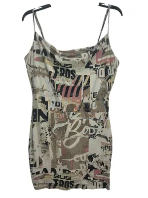 Forever 21 Size L Newspaper Graphic Cowl Neck Mesh Mini Dress Y2K Grunge thumbnail 3