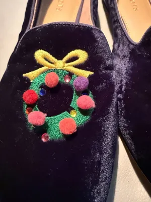Talbots Indigo Blue Velvet Holiday Christmas Wreath Flats Size 9M thumbnail 2