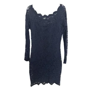Navy Blue Floral Lace Body Con Long Sleeve Dress Y2K Club M Off Shoulder USA thumbnail 4