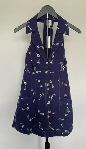 Maeve Anthropologie Key Print Halter Dress Navy Button Front Mini Dress NWT S thumbnail 1