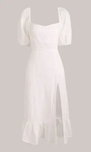 Rihoas Puff Sleeve Split Hem Midi Dress White thumbnail 2