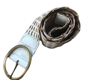 VTG Leather Woven White Bronze Belt Large Oval Brass Buckle Size M Boho thumbnail 1