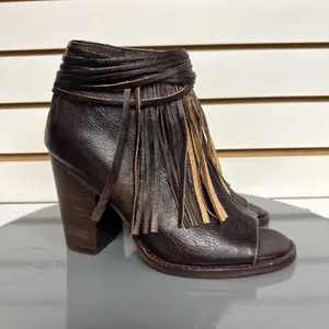Bed Stu Onset Olivia Women's 6.5 Peep Toe Fringe Booties Brown Leather Heel Boho thumbnail 2