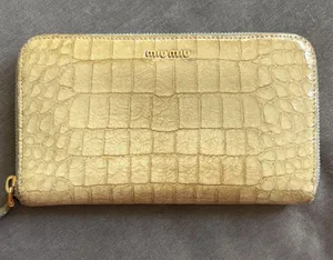 Miu Miu Metallic Gold Croc-Embossed Wallet with light blue interior. thumbnail 1