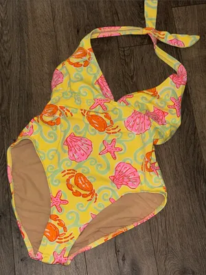 Lilly Pulitzer Yellow Seashell & Crab Halter One-Piece Swimsuit vintage thumbnail 1
