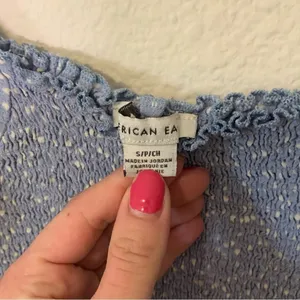 American Eagle Powder Blue Polka Dot Balloon Sleeve Smocked Crop Top Small thumbnail 2