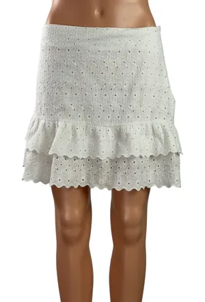 Zara White Embroidered Eyelet Floral Ruffle High Rise Tiered Mini Skort Skirt L thumbnail 1
