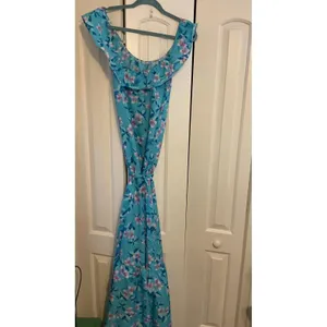 Vintage Hilo Hattie Hawaii Floral Maxi Dress Off Shoulder Ruffle Blue Purple M‎ thumbnail 3