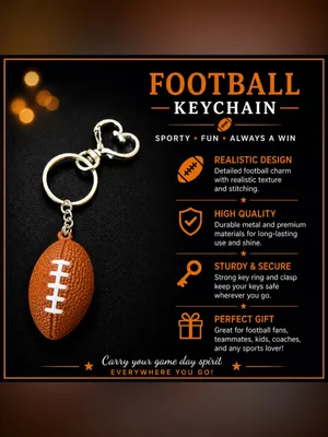 *30off3* Football 🏈 Keychain includes Heart Shape Silver Medal Spring Snap Clip. thumbnail 2