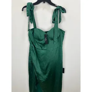 Lulus Graceful Sophistication Emerald Green Satin Tie-Strap Midi Dress XL NWT thumbnail 6