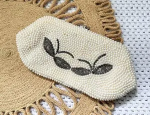 Vintage Small Ivory Pearl Glass Bead Butterfly Design Kiss Lock Bridal Clutch thumbnail 1
