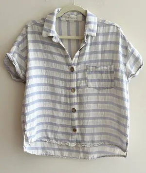 By Together Short Sleeve Button Down Striped Shirt, White/Periwinkle, Size Small thumbnail 1