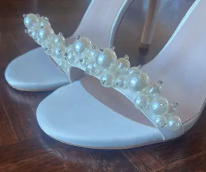 Amazon yowmns White Women's Heeled Sandals Pearl Decoration Open Toe Stiletto Heels Wedding Sexy Back Zipper Cover Pumps Evening Party Shoes Handmade Elegant High Heels Summer thumbnail 8