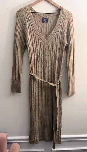 Abercrombie & Fitch tan ribbed cable knit Sweater midi Dress long sleeve V neck thumbnail 1