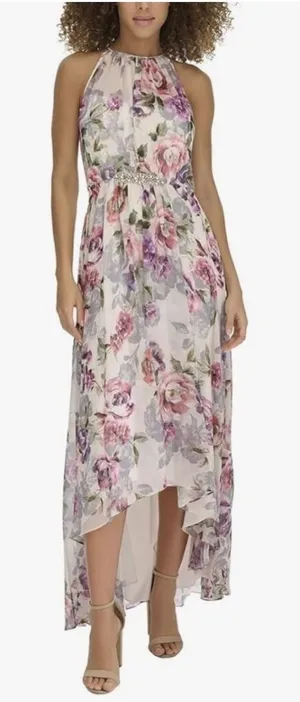 Floral High Low Halter Maxi Dress Rhinestone Waist Pink Purple Cream Sz 4 thumbnail 1